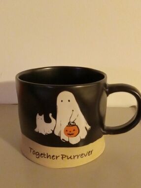 Black Halloween Ghost & Cat Ceramic Mug - 'Together Purrever'